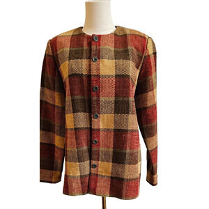 VTG Alfred Dunner Blazer Jacket Fine Chenille FALL Autumn Plaid Red Tan Olive 10